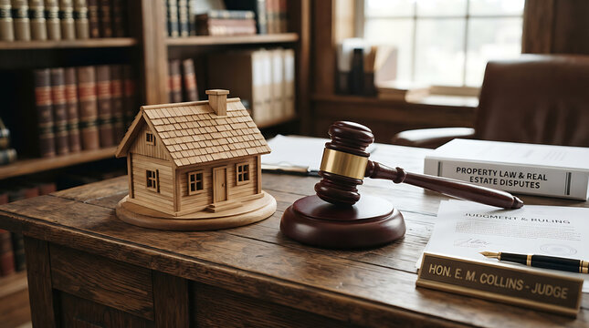 Wooden house model and judge gavel on desk in law office for real estate legal concept
