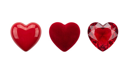 Fototapeta premium Three red heart shapes including glossy velvet and gemstone isolated on white