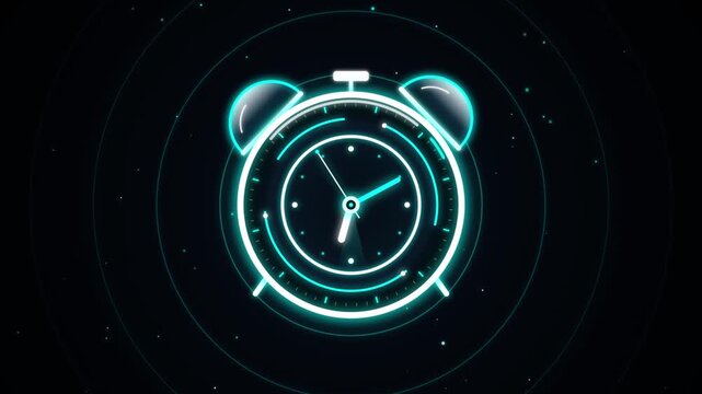 Glowing neon alarm clock animation showing rapid time motion footage