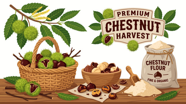 Very beautiful realistic vector illustration of a PREMIUM CHESTNUT HARVEST COLLECTION featuring chestnut tree, serrated leaves, flowering catkins, green spiny burrs, mature chestnuts, peeled nuts, cra