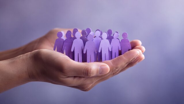 hands holding purple paper people representing diversity, inclusion, teamwork and psychological safety, human resources, employee wellbeing, corporate training