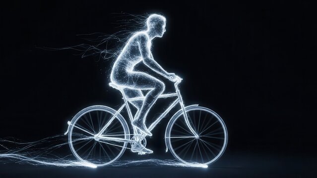 Glowing light outline of a man riding a bicycle on a dark background illustration