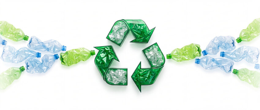 Recycling symbol with crushed plastic bottles in green and blue colors, isolated on white background for ecological waste management, circular economy, and conservation banners