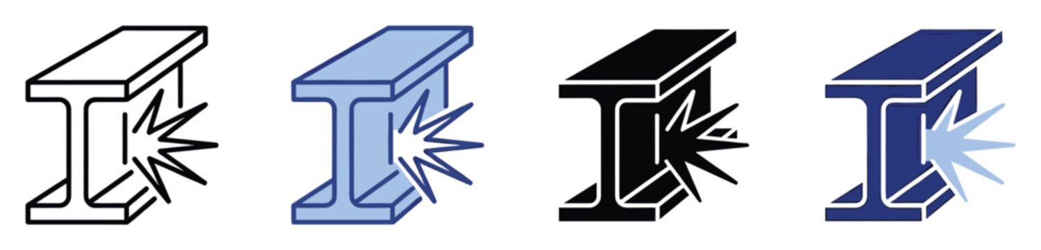 Steel beam impact damage icons showing structural failure, metal stress, construction hazard and beam deformation symbols in various styles