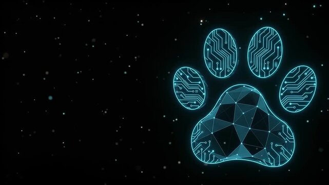 Futuristic digital animal paw print with circuit board patterns. Glowing blue neon pet tracking icon. Cybernetic animal health technology concept.