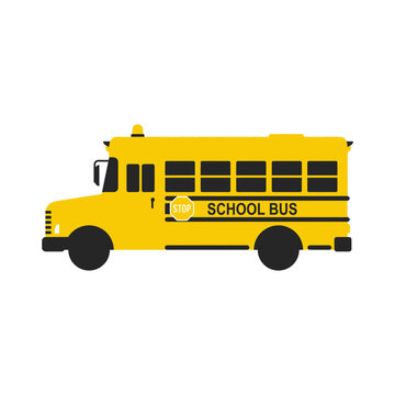 Yellow school bus with stop sign and black windows.