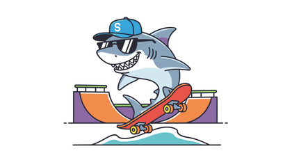 Fototapeta premium Cool cartoon shark wearing a baseball cap and sunglasses while performing a trick on a skateboard at a colorful skatepark ramp.