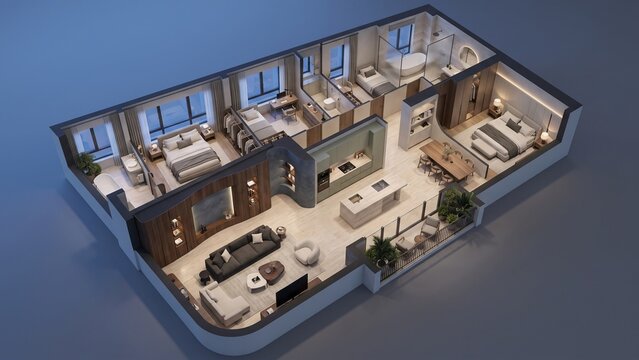 Modern luxury apartment floor plan with 3D isometric view showcasing open concept living room kitchen dining area and multiple bedrooms with contemporary interior design and decor