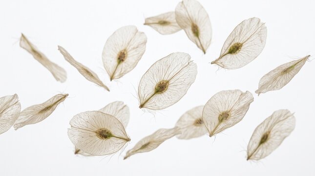 Delicate Winged Seeds Floating Against a White Background Macro Photography