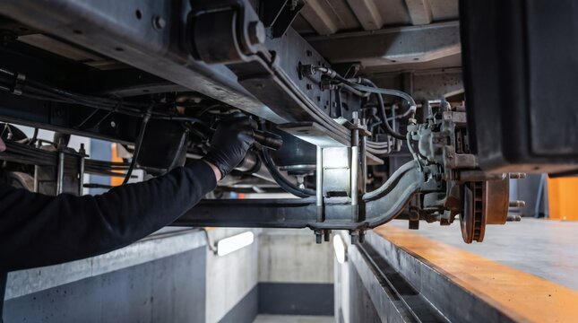 Mechanic inspecting truck suspension with flashlight in workshop