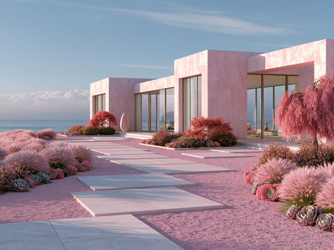 Pale pink plaster villa nestles among pink ornamental grasses and succulents under clear blue sky in serene desert landscape.