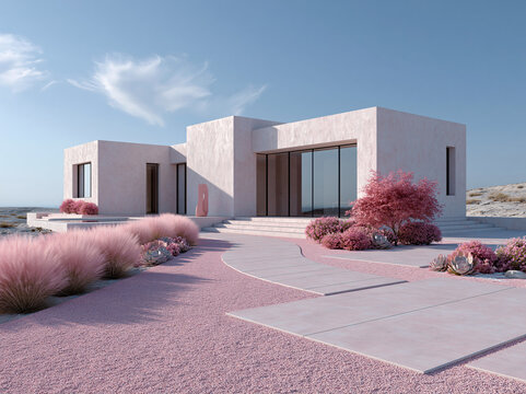 Pale pink plaster villa nestles among pink ornamental grasses and succulents under clear blue sky in serene desert landscape.