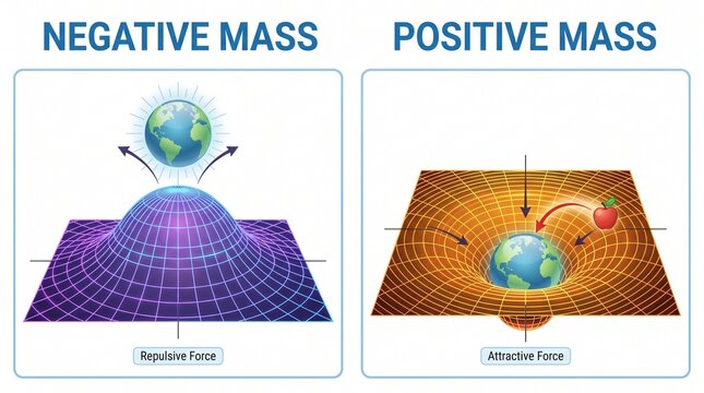 Scientific diagram comparing negative mass repulsion and positive mass gravity attraction