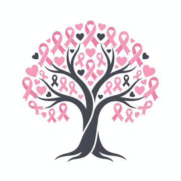 Breast cancer awareness ribbon tree with hearts and branches pink vector illustration
