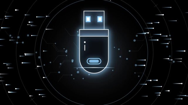 Glowing usb drive motion animation featuring digital data transfer lines