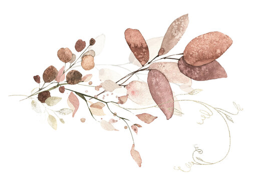 Watercolor floral fall arrangement frame. Red, burgundy, brown, pink autumn wild flowers, eucalyptus branches, leaves and twigs garland. Hand painted isolated template design.