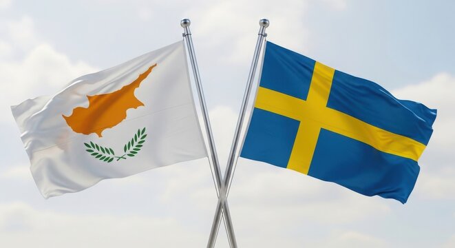 Waving flags of Cyprus and Sweden crossed together against blue sky illustration