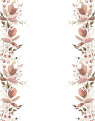 Obraz premium Watercolor painted foliage floral seamless border. Orange and pink autumn wild flowers, branches, leaves, sprigs and twigs garland. Fall nature hand drawn design clipart. The aesthetics of fading.