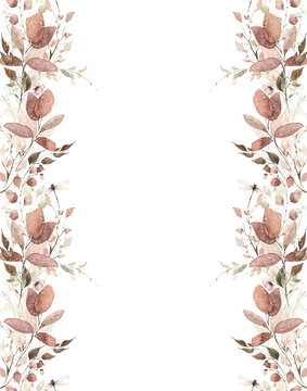 Watercolor painted foliage floral seamless border. Orange and pink autumn wild flowers, branches, leaves, sprigs and twigs garland. Fall nature hand drawn design clipart. The aesthetics of fading.