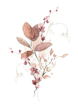 Watercolor floral fall arrangement frame. Red, burgundy, brown, pink autumn wild flowers, eucalyptus branches, leaves and twigs. Hand painted isolated template design.