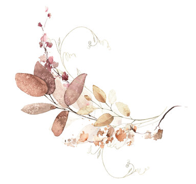 Watercolor floral fall arrangement frame. Red, burgundy, brown, pink autumn wild flowers, eucalyptus branches, leaves and twigs. Hand painted isolated template design.