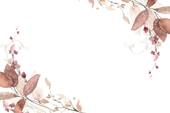 Watercolor floral and fall foliage round frame template. Red, burgundy, brown, beige and pink autumn wild flowers, eucalyptus branches, leaves and twigs. Fall nature hand drawn design clipart.
