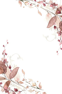 Watercolor floral and fall foliage round frame template. Red, burgundy, brown, beige and pink autumn wild flowers, eucalyptus branches, leaves and twigs. Fall nature hand drawn design clipart.