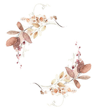 Watercolor floral fall wreath frame. Red, burgundy, brown, pink autumn wild flowers, eucalyptus branches, leaves and twigs. Hand painted isolated template design.