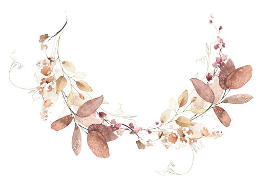 Watercolor floral fall arrangement frame. Red, burgundy, brown, pink autumn wild flowers, eucalyptus branches, leaves and twigs. Hand painted isolated template design.