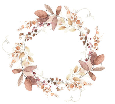 Watercolor hand painted autumn foliage wreath frame. Red, beige, brown autumn wild greenery, eucalyptus branches, leaves and twigs. Dry plants template design.