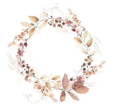 Watercolor hand painted autumn foliage wreath frame. Red, beige, brown autumn wild greenery, eucalyptus branches, leaves and twigs. Dry plants template design.