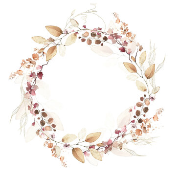 Watercolor hand painted autumn foliage wreath frame. Red, beige, brown autumn wild greenery, eucalyptus branches, leaves and twigs. Dry plants template design.