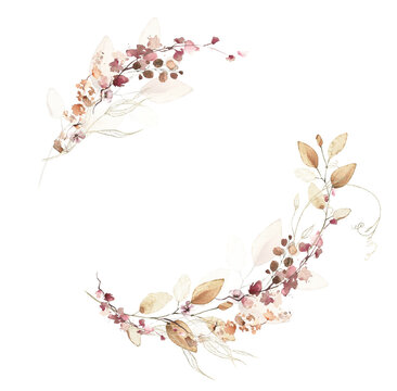 Watercolor floral fall wreath frame. Red, burgundy, brown, pink autumn wild flowers, eucalyptus branches, leaves and twigs. Hand painted isolated template design.