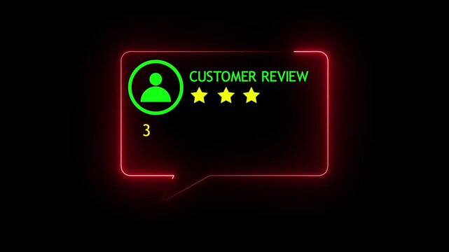 Glowing Red neon customer review box with 3 star rating score 3.0 and user avatar profile icon on dark background motion graphics animation video for business testimonial and service feedback.