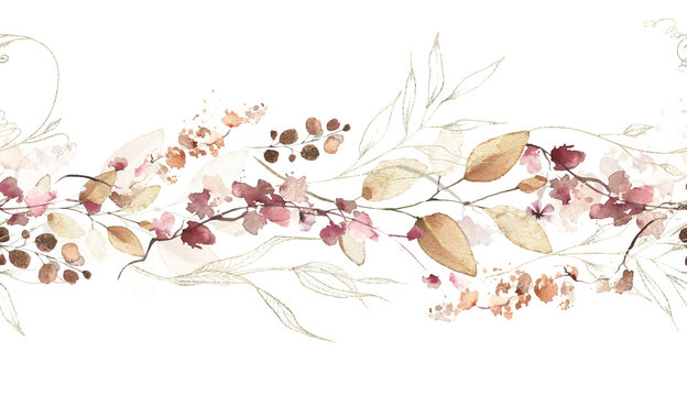 Watercolor painted foliage floral seamless border. Orange and pink autumn wild flowers, branches, leaves, sprigs and twigs garland. Fall nature hand drawn design clipart. The aesthetics of fading.