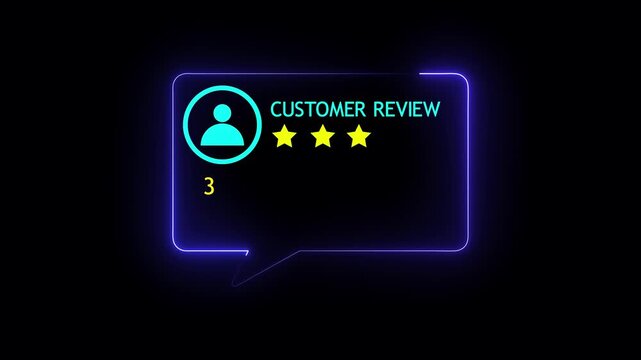 Glowing blue neon customer review box with 3 star rating score 3.0 and user avatar profile icon on dark background motion graphics animation video for business testimonial and service feedback.