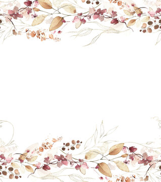 Watercolor painted foliage floral seamless border. Orange and pink autumn wild flowers, branches, leaves, sprigs and twigs garland. Fall nature hand drawn design clipart. The aesthetics of fading.