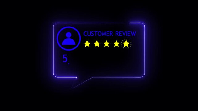 Customer review and feedback concept with 5 star rating 5.0 score and user profile icon inside glowing neon speech bubble motion graphics video element for digital marketing and client satisfaction.