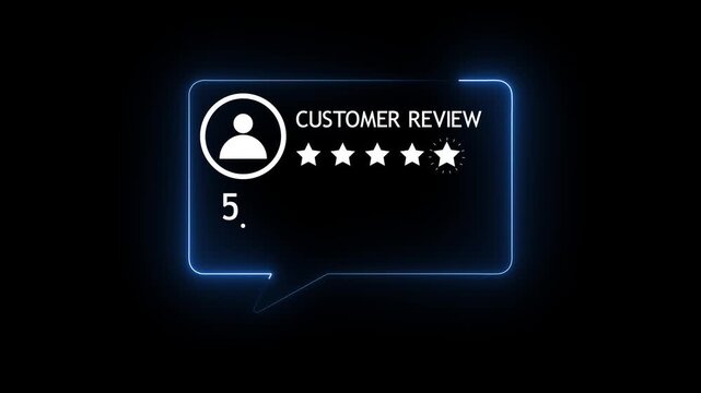 Customer review and feedback concept with 5 star rating 5.0 score and user profile icon inside glowing neon speech bubble motion graphics video element for digital marketing and client satisfaction.