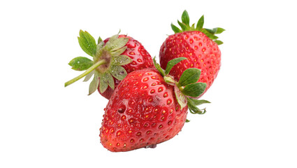 Two fresh red strawberries with green leaves isolated on transparent background © RRose