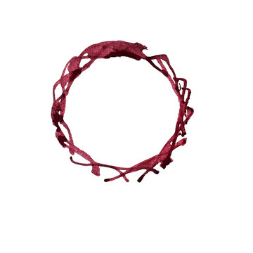 A circular frame made of twisted red vine branches forming a rustic natural wreath for decorative design
