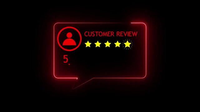 Customer review and feedback concept with 5 star rating 5.0 score and user profile icon inside glowing neon speech bubble motion graphics video element for digital marketing and client satisfaction.