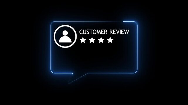4 star customer review rating score 4.0 motion graphic animation with blue neon glowing speech bubble line on black background for online product evaluation, service recommendation and trust badge.