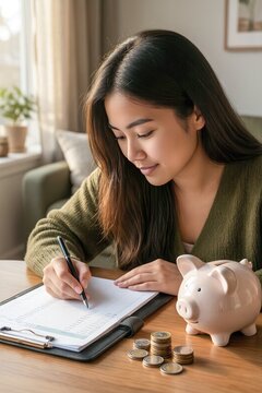 Woman writing in a notebook with a piggy bank and coins on a table in a cozy room during the day