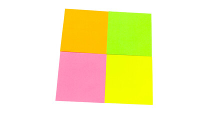 Four colorful square paper sticky notes grid pink yellow green block mockup © Alistair