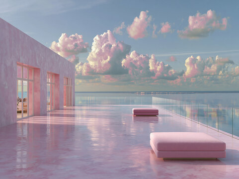 Blush pink plaster rooftop terrace holds daybeds beside narrow pool, glass railing overlooks hazy distant sea horizon.