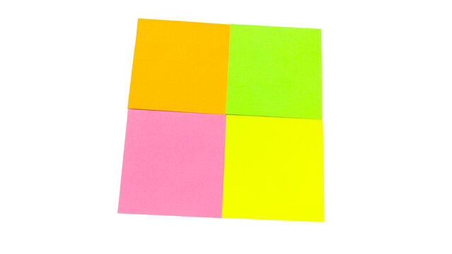 Four colorful square paper sticky notes grid pink yellow green block mockup