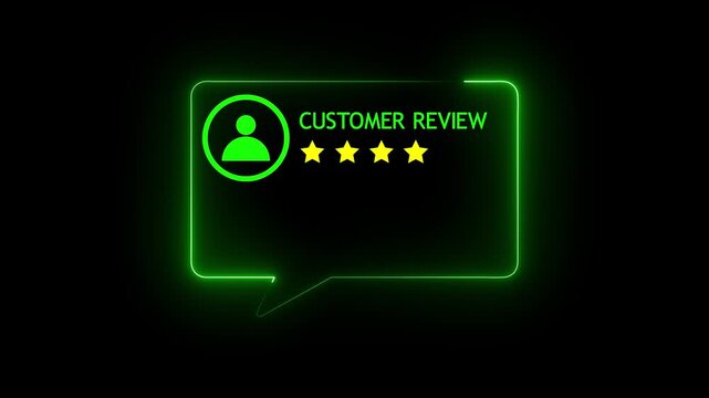 4 star customer review rating score 4.0 motion graphic animation with green neon glowing speech bubble line on black background for online product evaluation, service recommendation and trust badge.