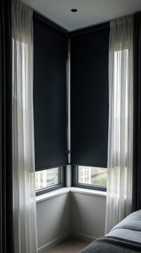 Sunlight enters a room through corner windows with dark blinds in a residential setting