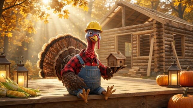 A cartoon turkey wearing a yellow hard hat and plaid shirt holding a small wooden log cabin model in front of a rustic cabin construction site
